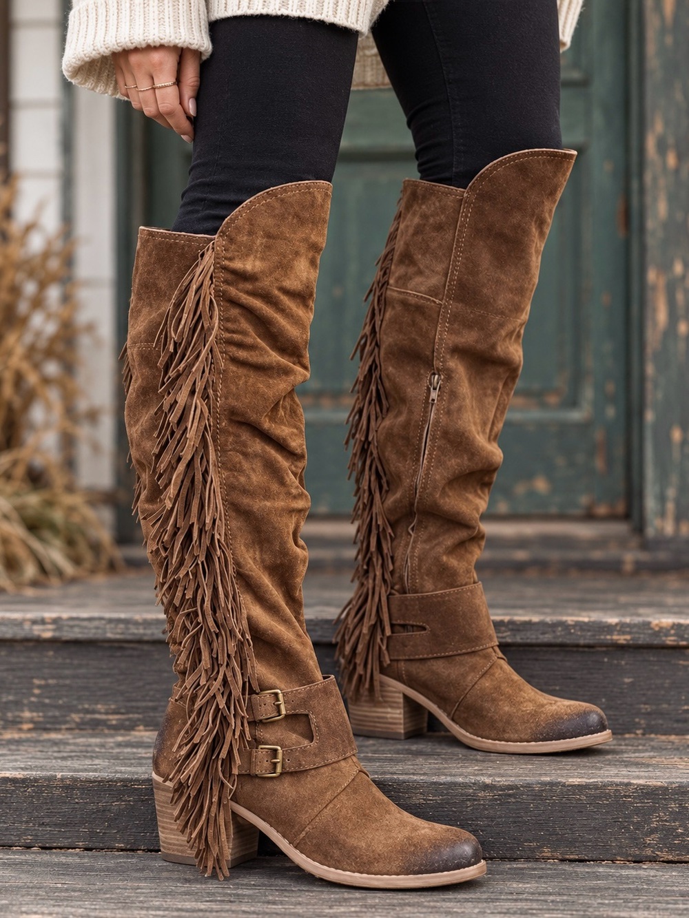 Naughty Monkey Brown Suede Fringe Knee High Western Boots Size 9